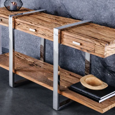 Konzola BARRACUDA 140 cm teakové drevo a chrómovaná nehrdzavejúca oceľ