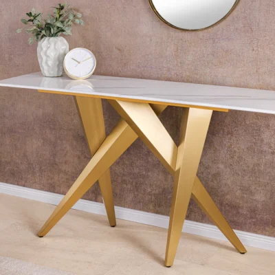 Konzola ART LIVING 140 cm, keramická, biela, mramorová doska s rámom v šampansko-zlatej farbe