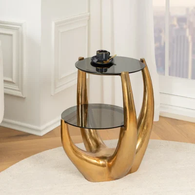 Príručný stolík LEVELS 50cm rám zlatý, doska z tvrdeného skla čierna