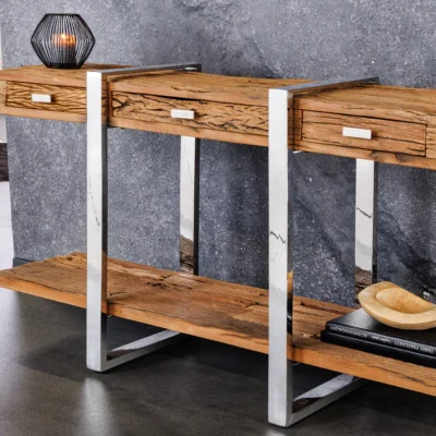 Konzola BARRACUDA 140 cm teakové drevo a chrómovaná nehrdzavejúca oceľ