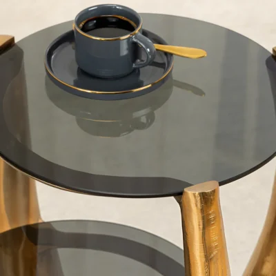 Príručný stolík LEVELS 50cm rám zlatý, doska z tvrdeného skla čierna