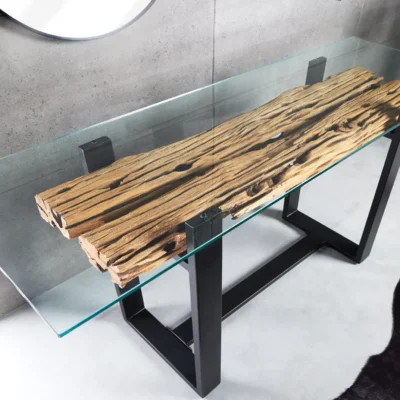 Konzola BARRACUDA 150 cm z recyklovaného teakového dreva s doskou z tvrdeného skla