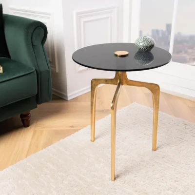 Príručný stolík ABSTRACT 55 cm mosadzné nohy a čierny sklenený tanier