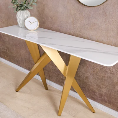 Konzola ART LIVING 140 cm, keramická, biela, mramorová doska s rámom v šampansko-zlatej farbe