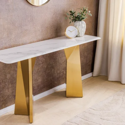 Konzola EXTRAVAGANCIA 140 cm s nohami v šampansko-zlatej farbe s bielou mramorovou doskou