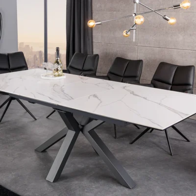 Rozťahovací jedálenský stôl ETERNITY v bielom mramorovom keramickom vzhľade