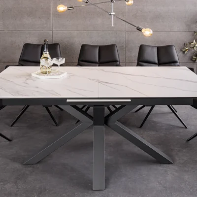 Rozťahovací jedálenský stôl ETERNITY v bielom mramorovom keramickom vzhľade