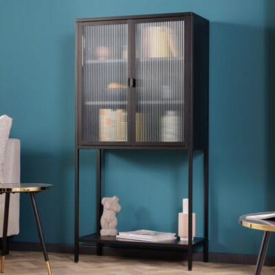 Vitrína Dura Steel 150cm čierne rebrované sklo