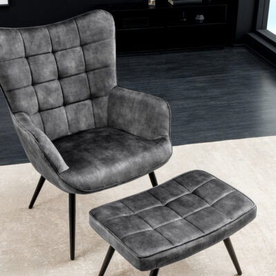 Kreslo Scandinavia sivá s taburetkou