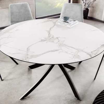 Jedálenský stôl ALPINE – okrúhly, keramická doska, biely 120 cm, výška 76 cm