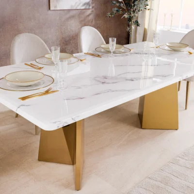 Jedálenský stôl EXTRAVAGANCIA 200 cm s nohami v šampansko-zlatej farbe s bielou mramorovou doskou