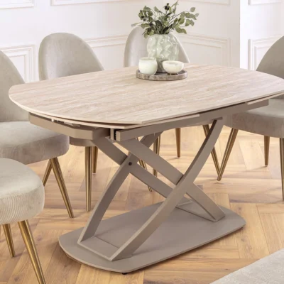 Dizajnový jedálenský stôl INCEPTION 130-190 cm rozkladací s poličkou v šampansko-sivej farbe, keramická doska, travertín