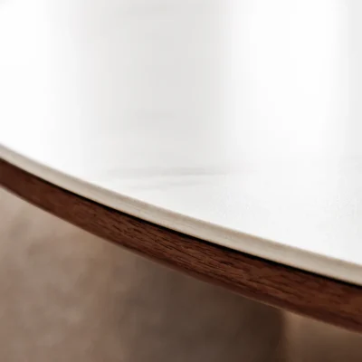 Jedálenský stôl UNIQUE 120 cm okrúhly, orechové drevo, dyhovaná keramika, doska z bieleho mramoru