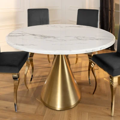 Jedálenský stôl ELEGANCIA 130 cm okrúhly rám so zlatým bielym mramorovým vzhľadom