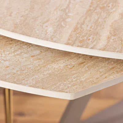 Dizajnový jedálenský stôl INCEPTION 130-190 cm rozkladací s poličkou v šampansko-sivej farbe, keramická doska, travertín