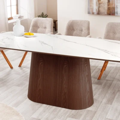 Jedálenský stôl UNIQUE 200 cm rám z tmavého orechového dreva dyhovaný keramický biely mramorový vrch