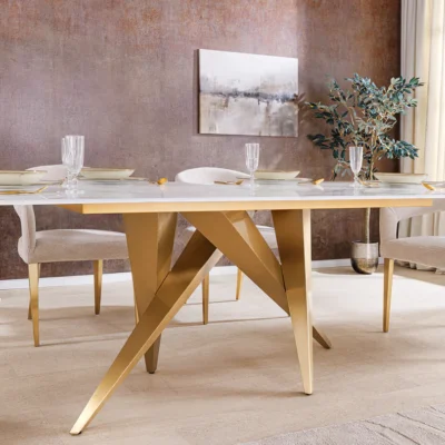 Jedálenský stôl ART LIVING 200 cm s keramickou doskou z bieleho mramoru a rámom v šampansko-zlatej farbe