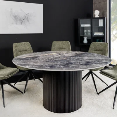 Jedálenský stôl UNIQUE 120 cm okrúhly s tmavým rámom, keramicko-sivým mramorovým vrchom