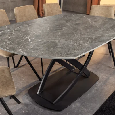 Dizajnový jedálenský stôl INCEPTION 130-190 cm rozkladací oválny s keramickou doskou, antracitový mramorový vzhľad
