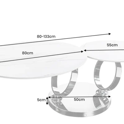 Konferenčný stolík DANCING RINGS 80-135 cm otočný keramický vrch s bielym mramorovým vzhľadom