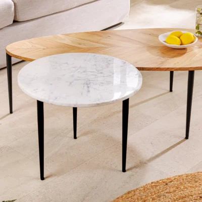 Konferenčný stolík ADLON, sada 2 kusov, akáciové drevo, prírodné a mramorové, biele