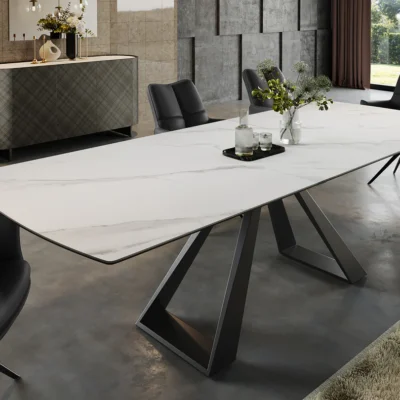 Jedálenský stôl CONCORD 180-230 cm rozkladací mramorový vzhľad biely keramický tvrdené sklo