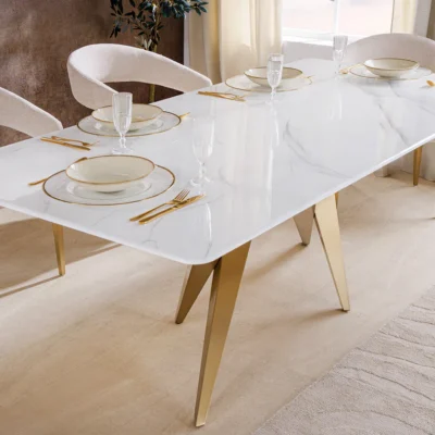 Jedálenský stôl ART LIVING 200 cm s keramickou doskou z bieleho mramoru a rámom v šampansko-zlatej farbe