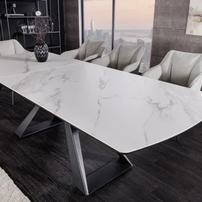 Jedálenský stôl CONCORD 180-230 cm rozkladací mramorový vzhľad biely keramický tvrdené sklo