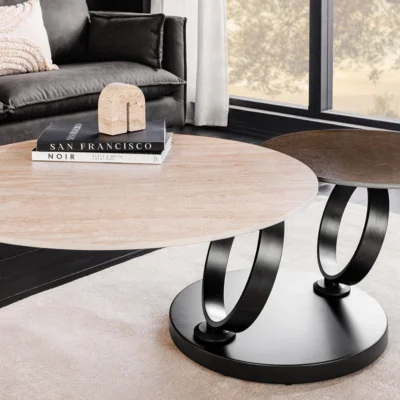 Konferenčný stolík DANCING RINGS 80-135 cm otočný keramický vrch s prírodným travertínom a hrdzavým vzhľadom