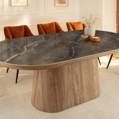 Jedálenský stôl UNIQUE 200 cm oválny rám z orechového dreva s dyhovanou keramickou doskou z sivej mramorovej dosky