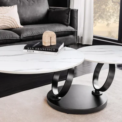 Konferenčný stolík DANCING RINGS 80-135 cm otočný keramický vrch s bielym mramorovým vzhľadom