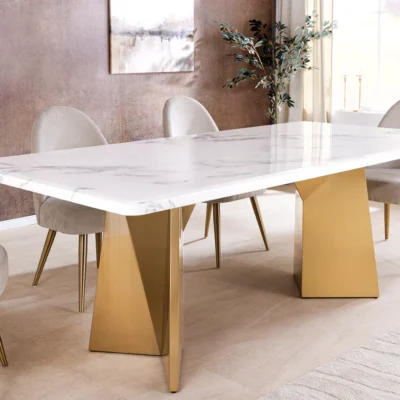 Jedálenský stôl EXTRAVAGANCIA 200 cm s nohami v šampansko-zlatej farbe s bielou mramorovou doskou