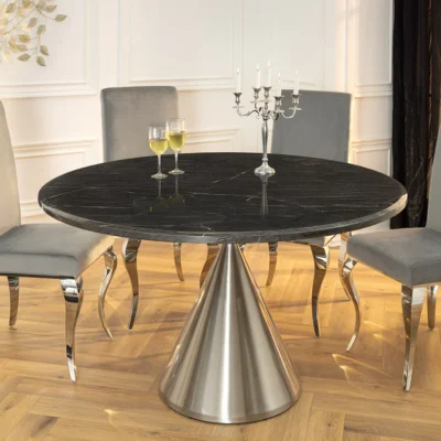 Jedálenský stôl ELEGANCIA 130 cm okrúhly rám chróm čierny mramorový vzhľad