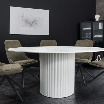 Jedálenský stôl UNIQUE 120 cm okrúhly s bielym rámom, keramickou doskou z bieleho mramoru