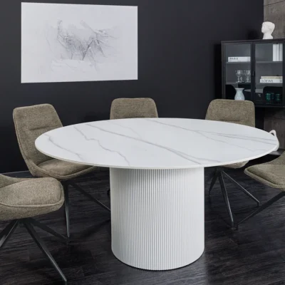 Jedálenský stôl UNIQUE 120 cm okrúhly s bielym rámom, keramickou doskou z bieleho mramoru