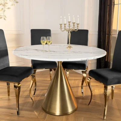 Jedálenský stôl ELEGANCIA 130 cm okrúhly rám so zlatým bielym mramorovým vzhľadom