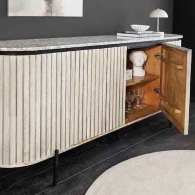 Komoda ADLON 170 cm mangové drevo sivá s mramorovou doskou bielo-čierna