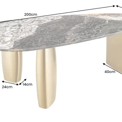 Jedálenský stôl ORGANIC 200 cm oválny, viacfarebný mramorový vrch s rámom v šampansko-zlatej farbe