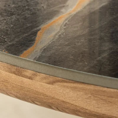 Jedálenský stôl UNIQUE 200 cm oválny rám z orechového dreva s dyhovanou keramickou doskou z sivej mramorovej dosky