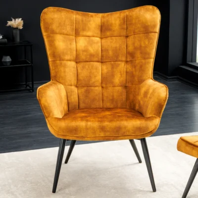 Kreslo Scandinavia zamatová horčicovožltá s taburetkou