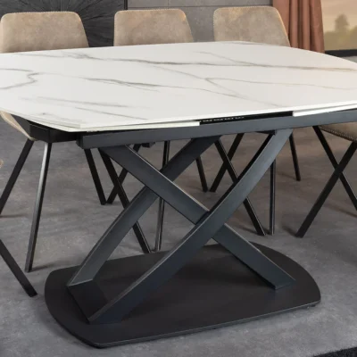 Jedálenský stôl INCEPTION 130-190 cm rozkladací oválny keramický vrch s bielym mramorovým vzhľadom