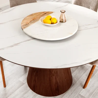 Jedálenský stôl UNIQUE 120 cm okrúhly, orechové drevo, dyhovaná keramika, doska z bieleho mramoru