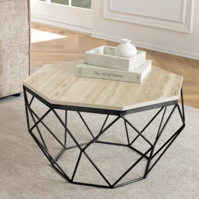 Konferenčný stolík DIAMOND 70cm regálový železný čierny travertín