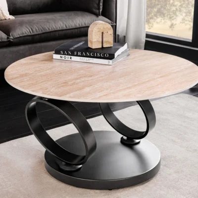 Konferenčný stolík DANCING RINGS 80-135 cm otočný keramický vrch s prírodným travertínom a hrdzavým vzhľadom