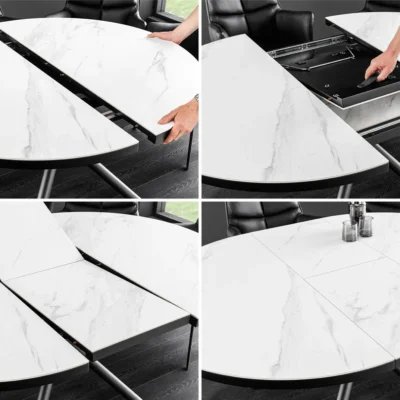 Jedálenský stôl MIKADO 120-160 cm okrúhly rozkladací mramorový vzhľad biely keramický tvrdené sklo