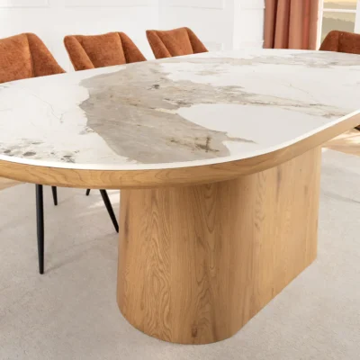 Jedálenský stôl UNIQUE 200 cm oválny rám z dubového dreva s dyhovanou keramikou a doskou z bieleho mramoru
