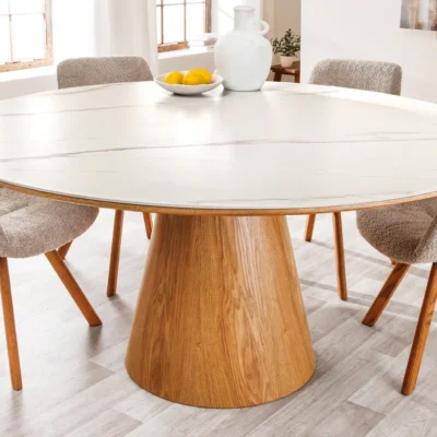 Jedálenský stôl UNIQUE 120 cm okrúhly, dubové drevo, dyhovaná keramika, doska z bieleho mramoru