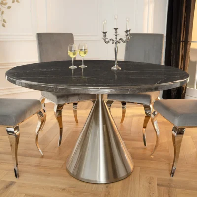 Jedálenský stôl ELEGANCIA 130 cm okrúhly rám chróm čierny mramorový vzhľad