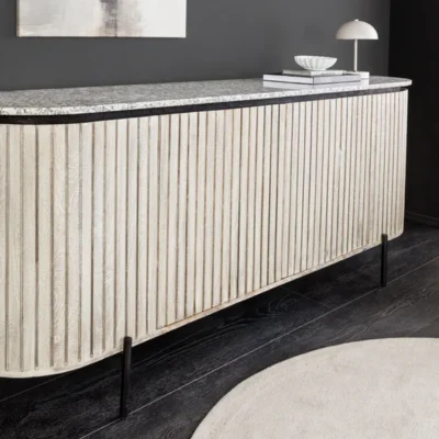 Komoda ADLON 170 cm mangové drevo sivá s mramorovou doskou bielo-čierna