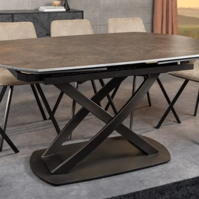 Dizajnový jedálenský stôl INCEPTION 130-190 cm rozkladací s bronzovým regálom, oválny, keramický, hrdzavý vzhľad